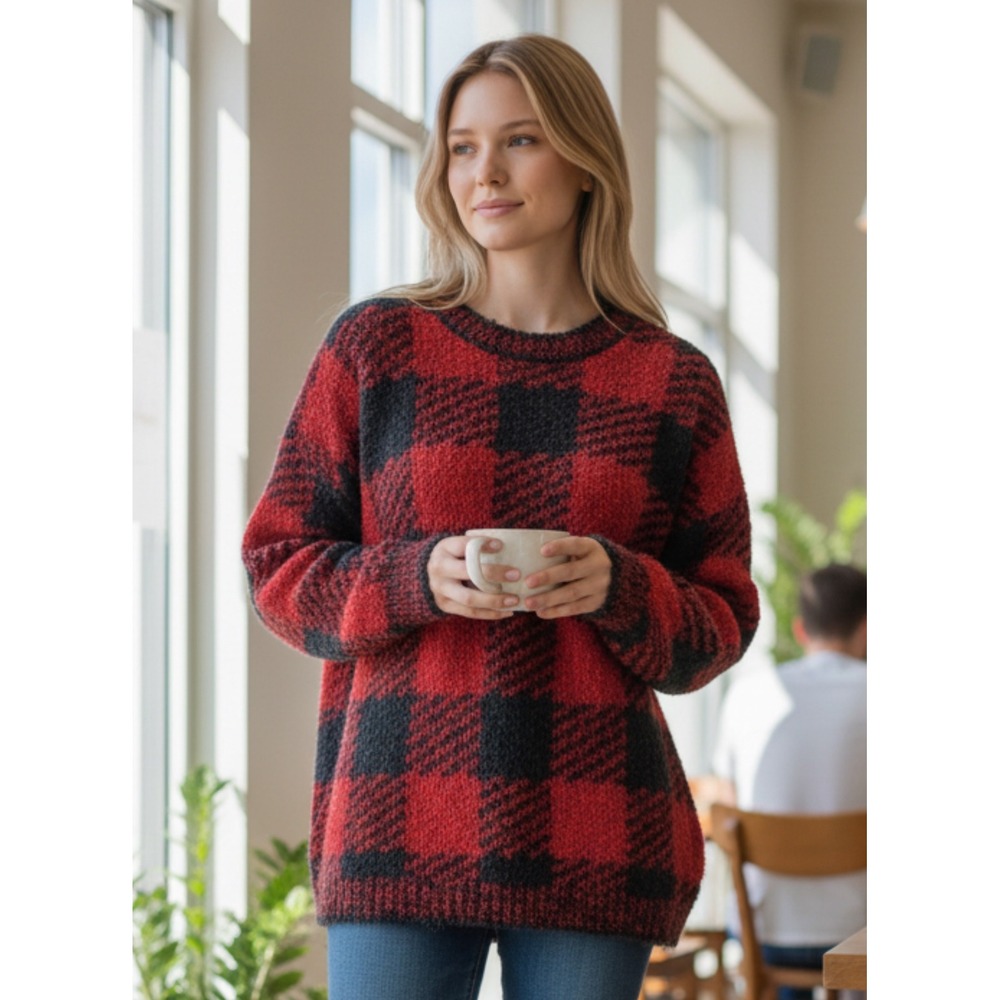 NEW SKIMS Cozy Pullover Brick Buffalo Check Holiday‎ Fuzzy Knit S/M Small Medium